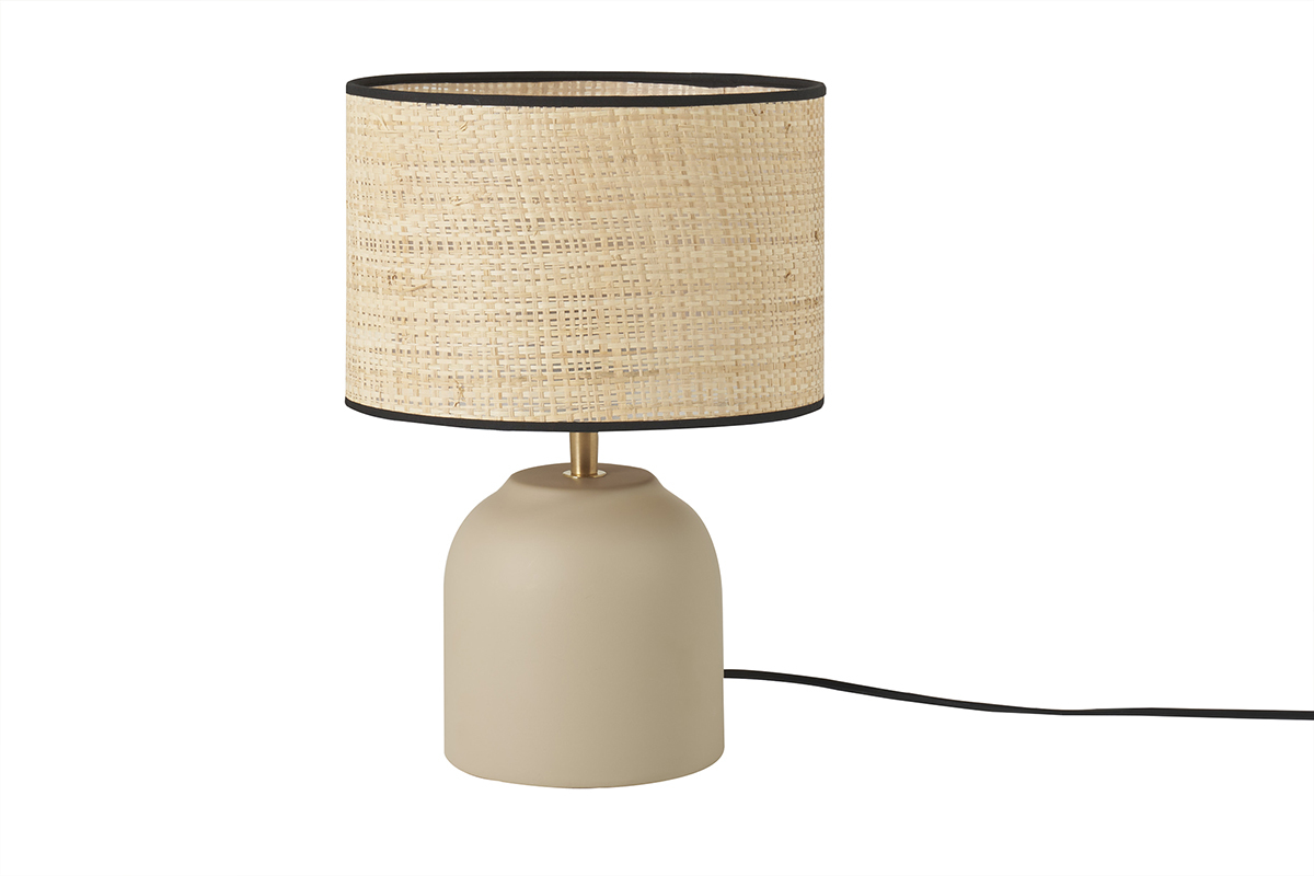 Lampe  poser taupe en cramique mate et abat-jour en raphia H35 cm ROCHA