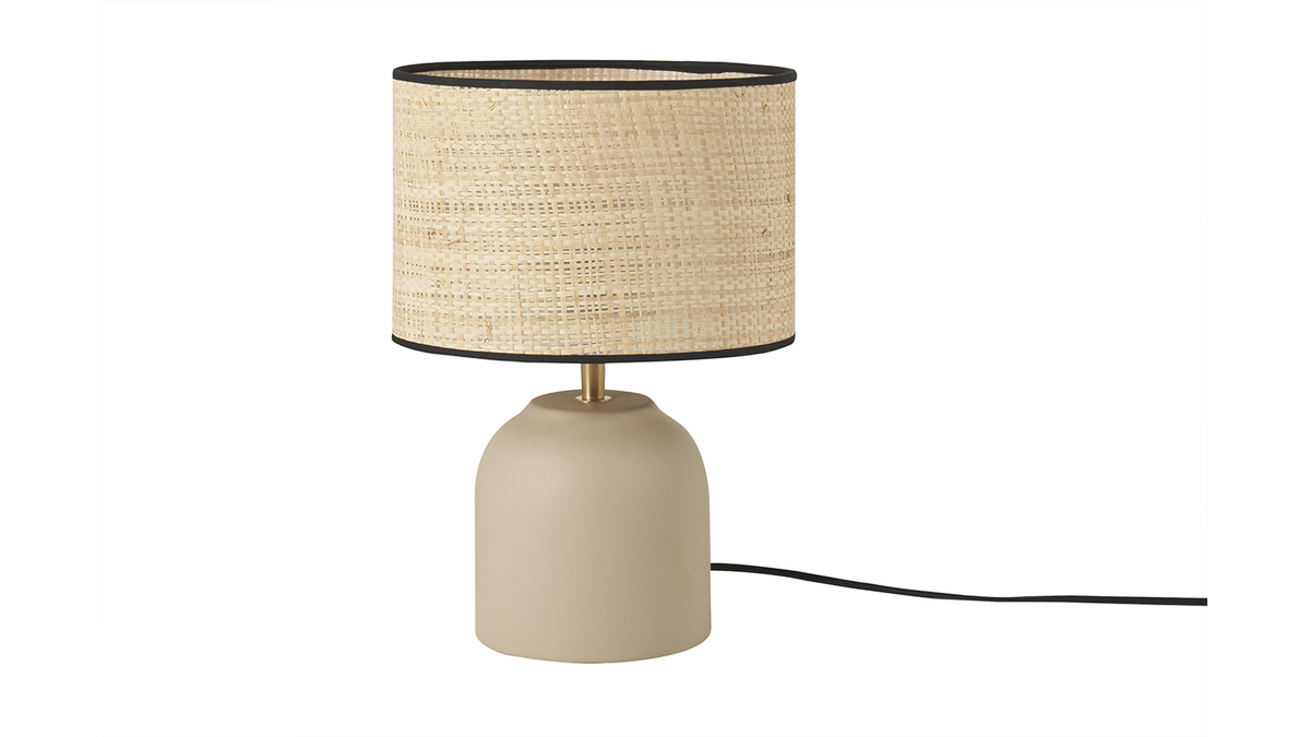 Lampe  poser taupe en cramique mate et abat-jour en raphia H35 cm ROCHA