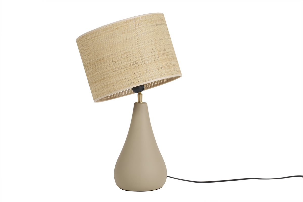 Lampe  poser taupe en cramique mate et abat-jour en raphia H49 cm PYRUS