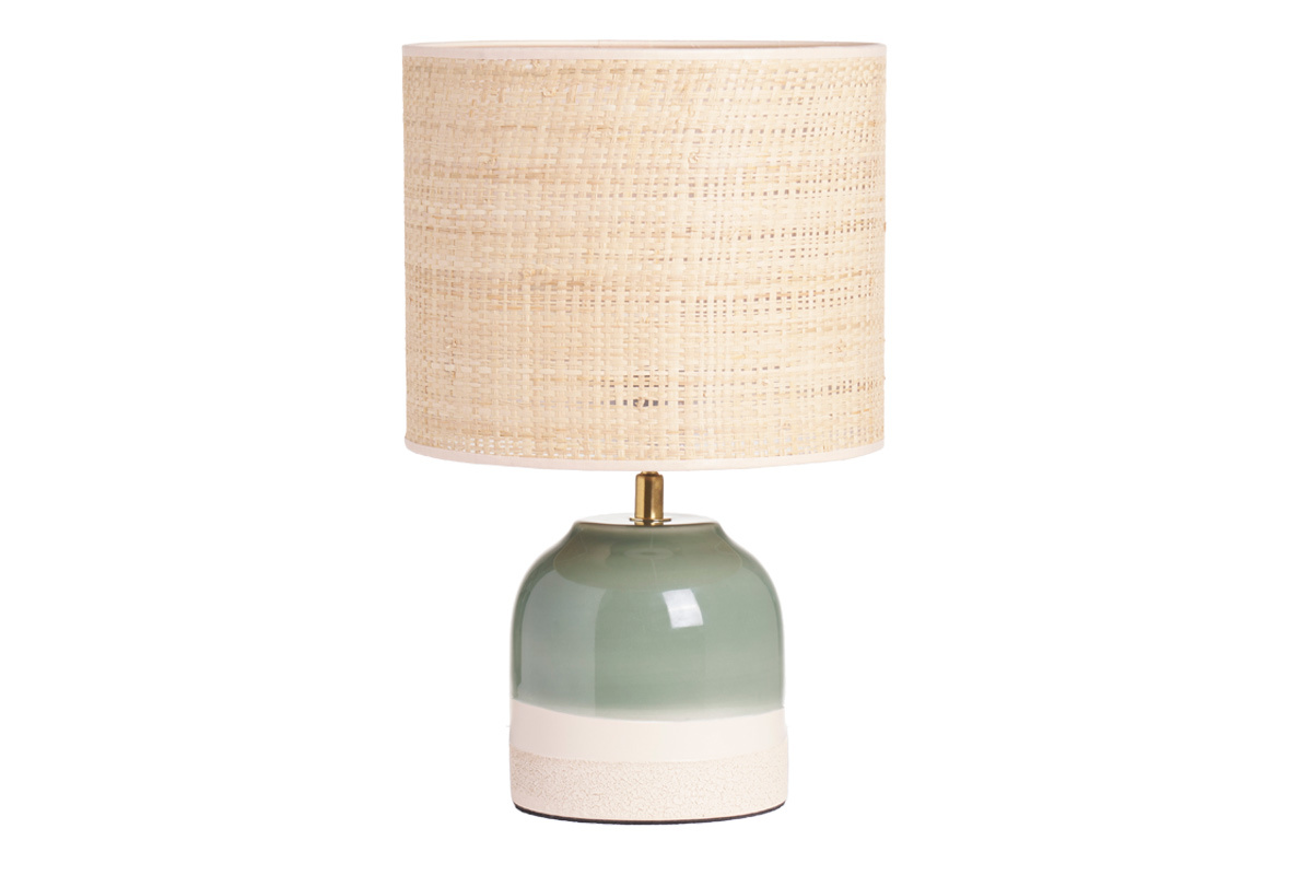 Lampe  poser verte en cramique et abat-jour en rabane H35 cm PIEGA