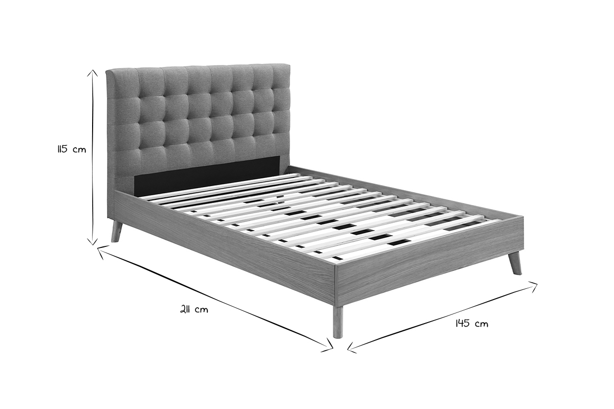 Lit 2 places 140x200cm en bois et tissu gris capitonn LYNN