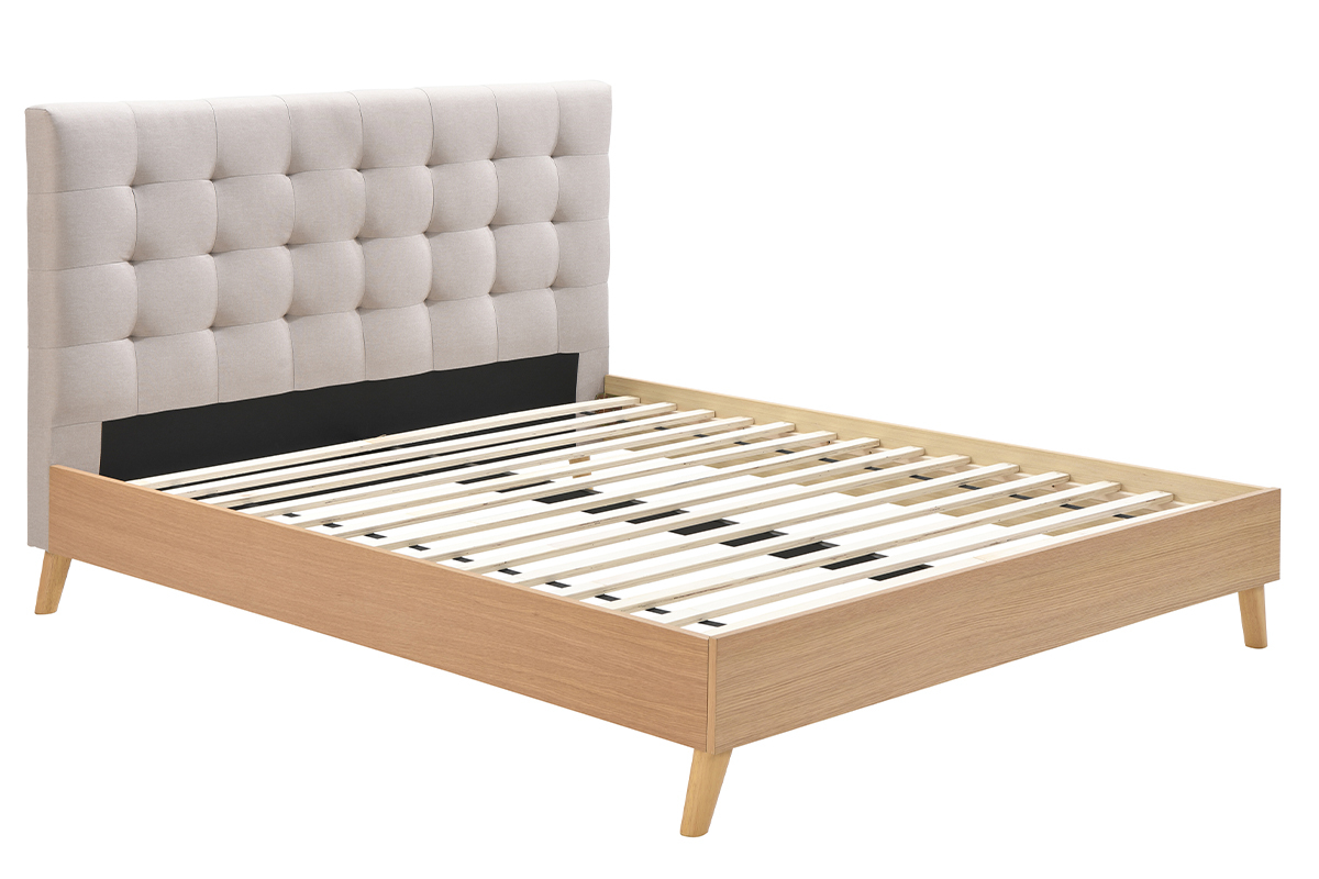 Lit 2 places 160x200 cm en bois et tissu beige LYNN