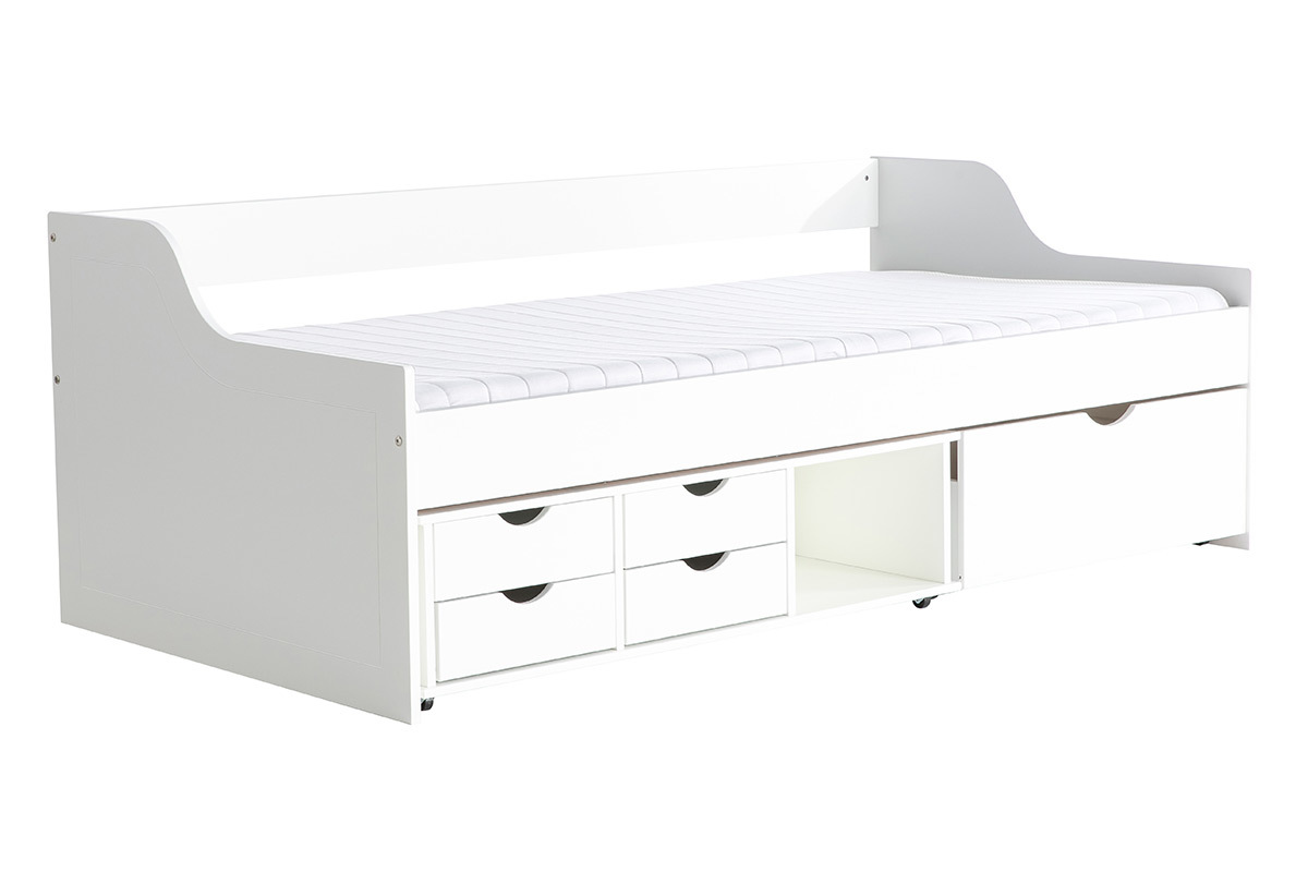 Lit avec rangements tiroirs blancs 90x190 cm CLEO