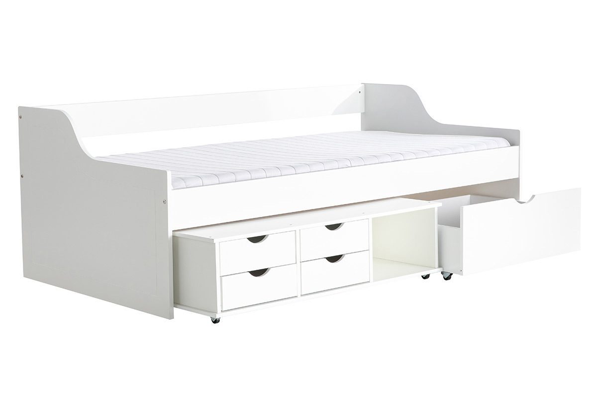 Lit avec rangements tiroirs blancs 90x190 cm CLEO