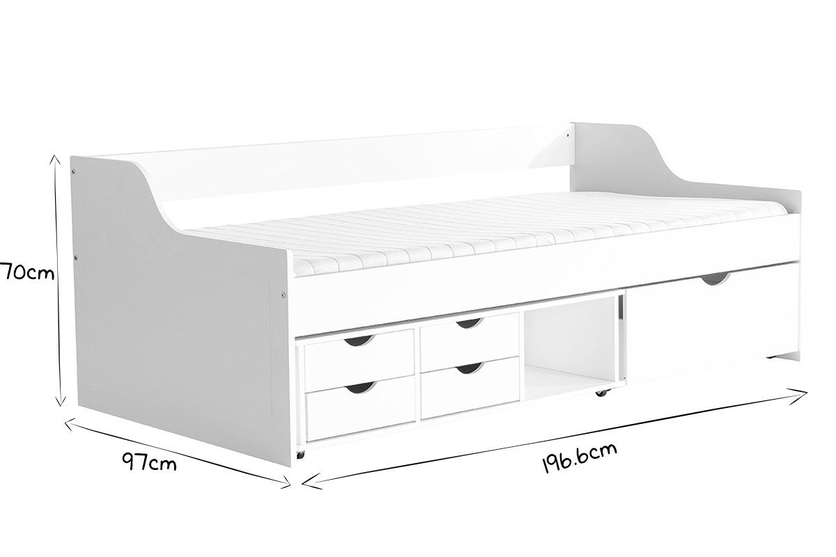 Lit avec rangements tiroirs blancs 90x190 cm CLEO