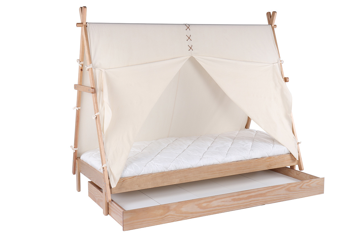 Lit tipi avec rangement bois et coton naturel APACHE