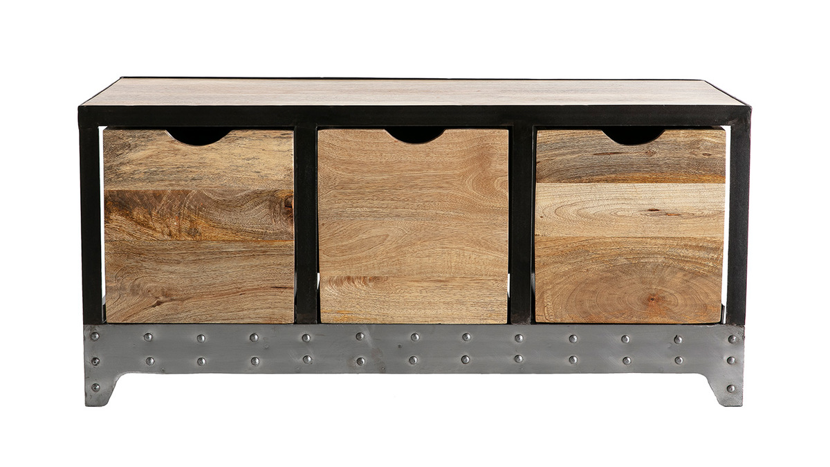 Meuble de rangement industriel en bois manguier massif et métal noir 3  tiroirs L100 cm ATELIER - Miliboo