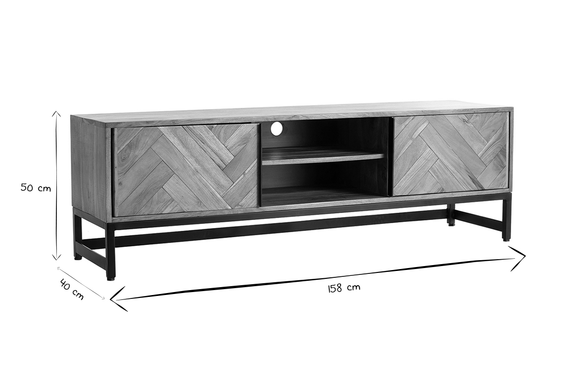 Meuble TV  motifs chevrons en bois massif et mtal noir L158 cm STICK