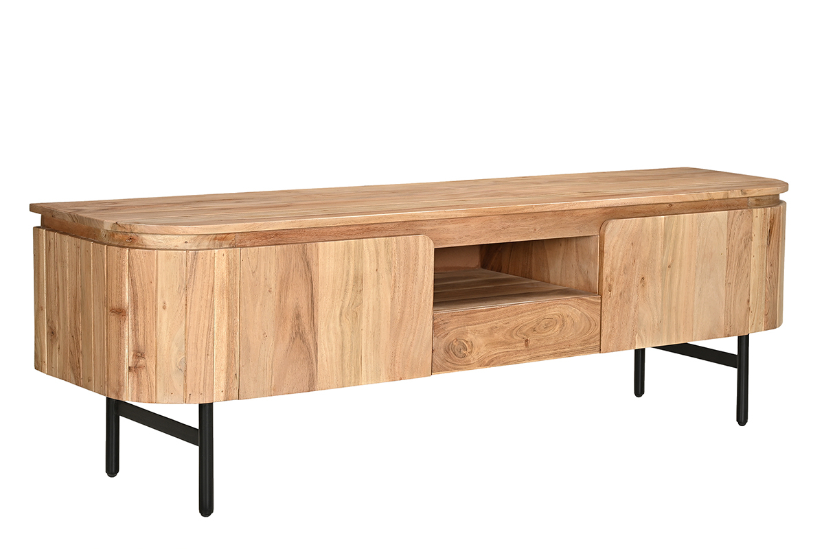 Meuble TV avec rangements en bois massif et mtal noir L160 cm NAPOLI