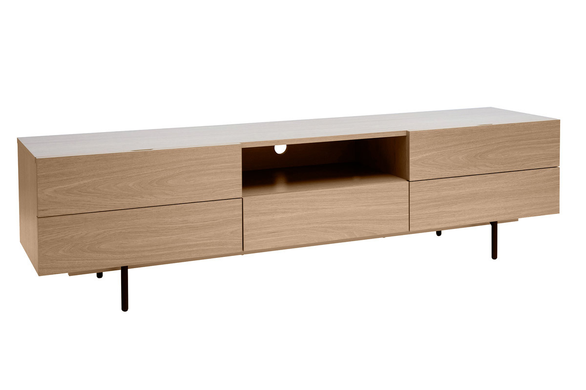 Meuble TV design avec rangements finition bois clair chne et mtal noir L180 cm ALASKA