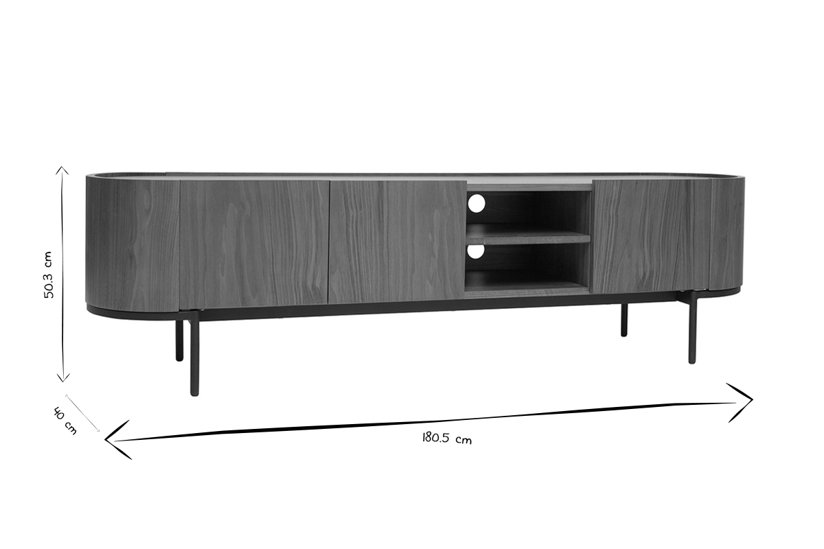 Meuble TV design bois fonc noyer et mtal noir avec rangements L180 cm SKYE