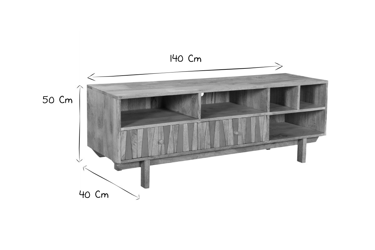 Meuble TV design en bois manguier massif et dtails dors L140 cm ZAIKA