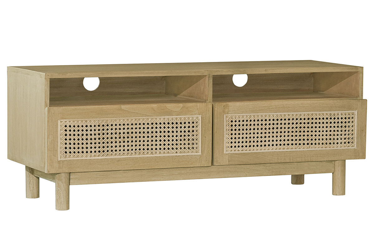 Meuble TV en bois clair et cannage rotin L120 cm GALINA