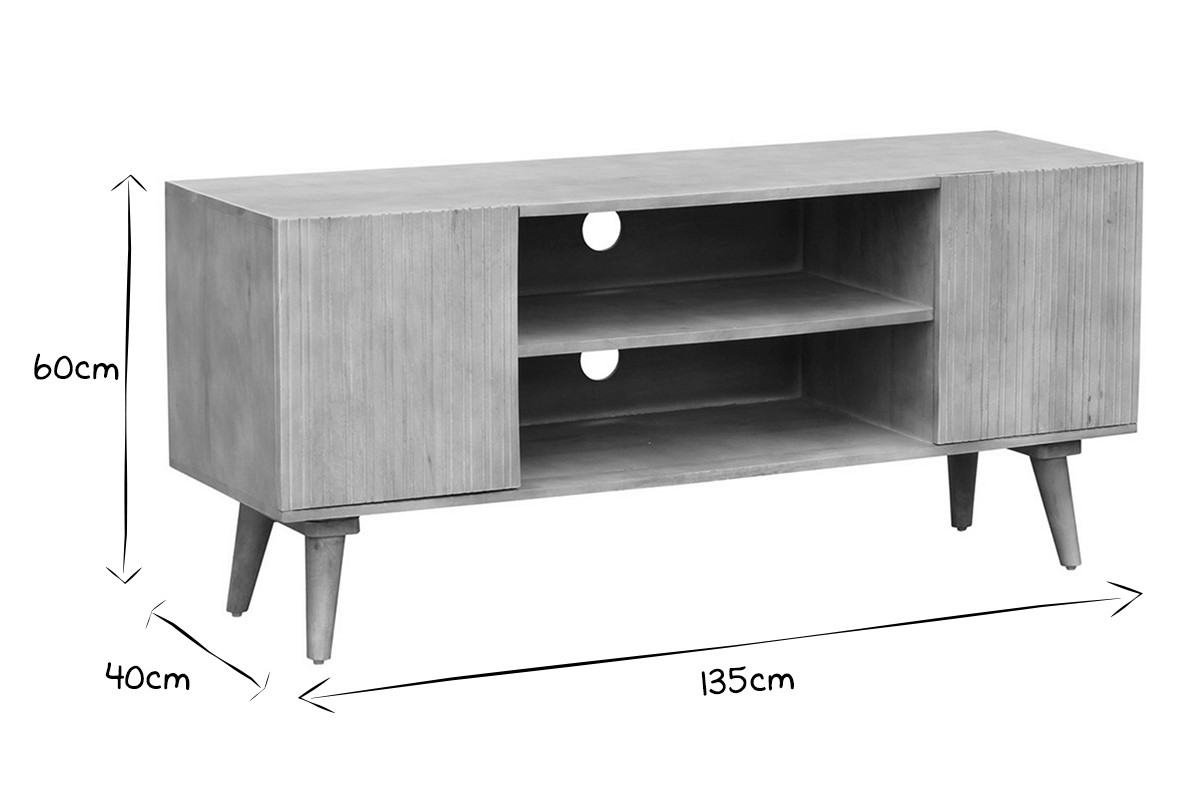 Meuble TV en bois clair manguier massif grav 2 portes L135 cm RUBIA