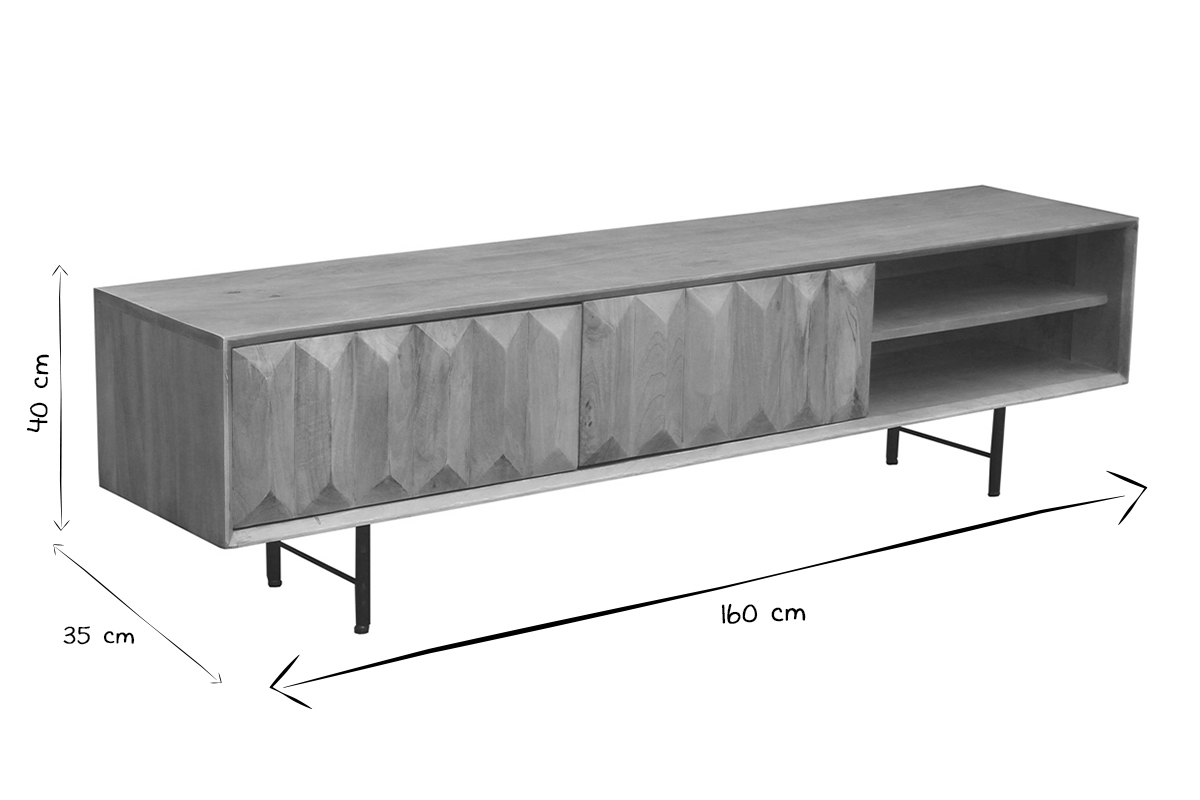 Meuble TV en bois clair manguier massif grav L160 cm AGRA