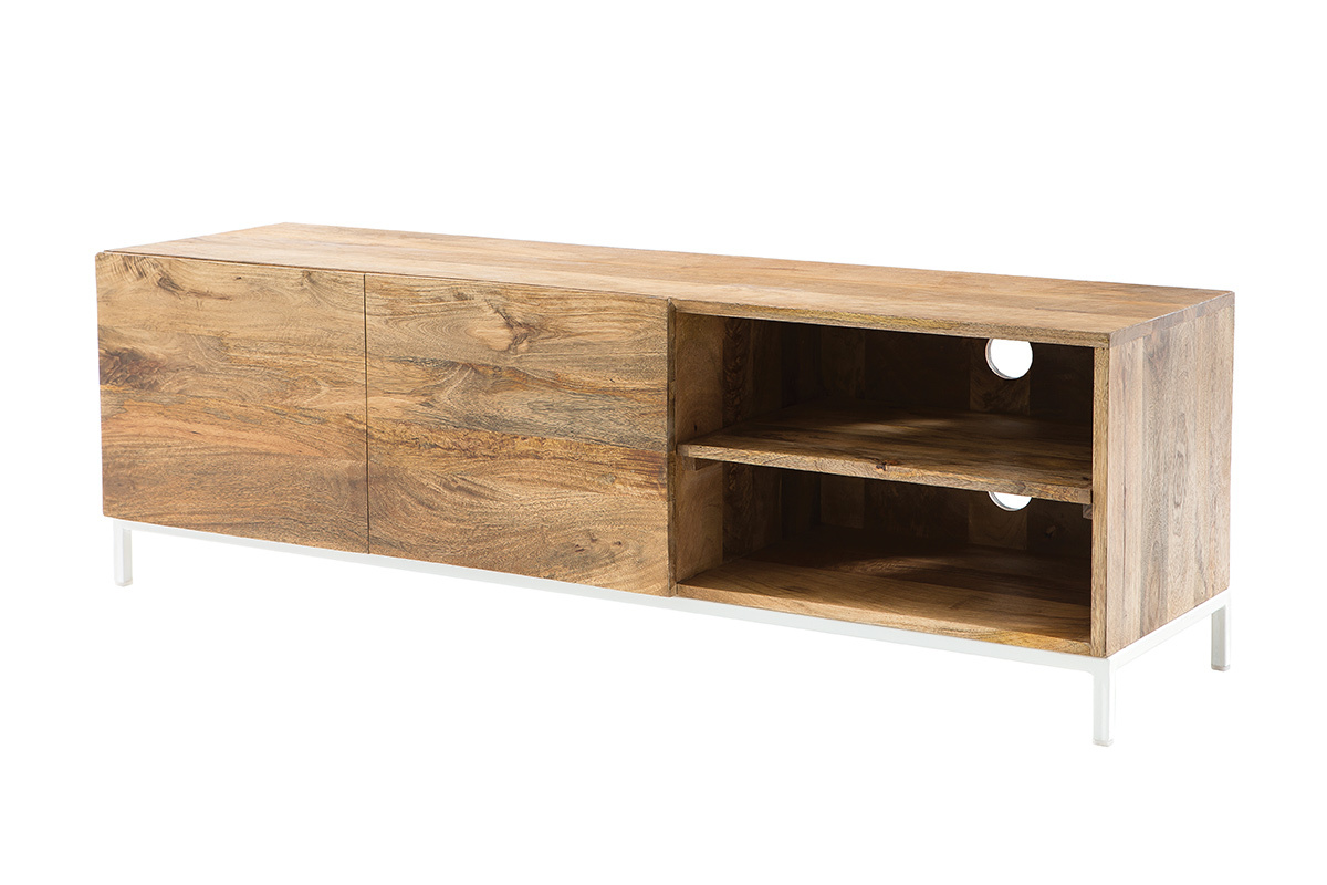 Meuble TV en bois manguier massif et mtal blanc 145cm BOHO