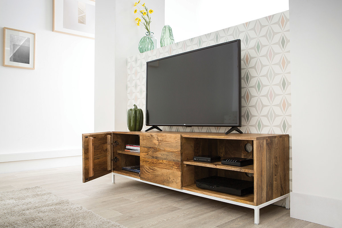 Meuble TV en bois manguier massif et mtal blanc 145cm BOHO