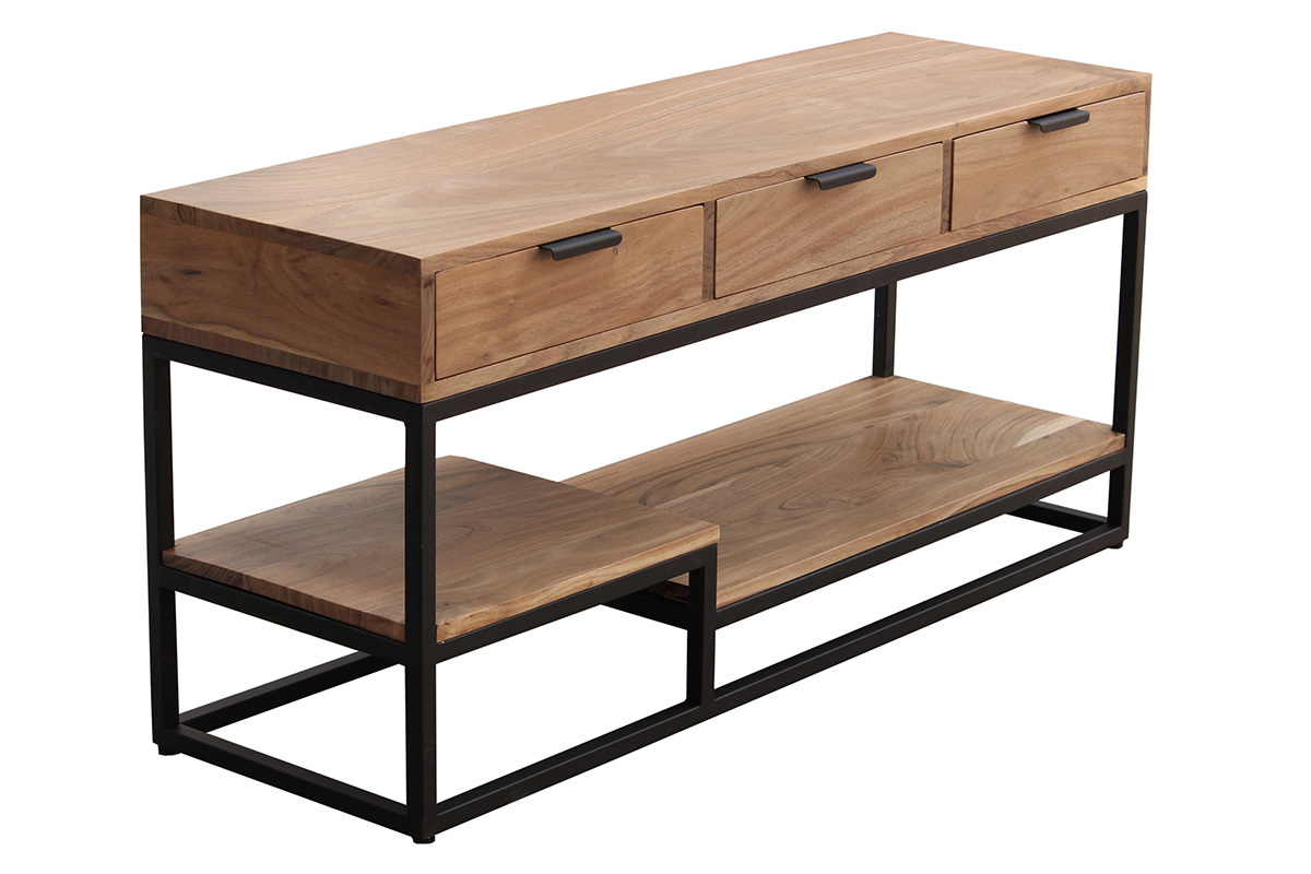 Meuble TV en bois massif et mtal noir L115 cm WARREN