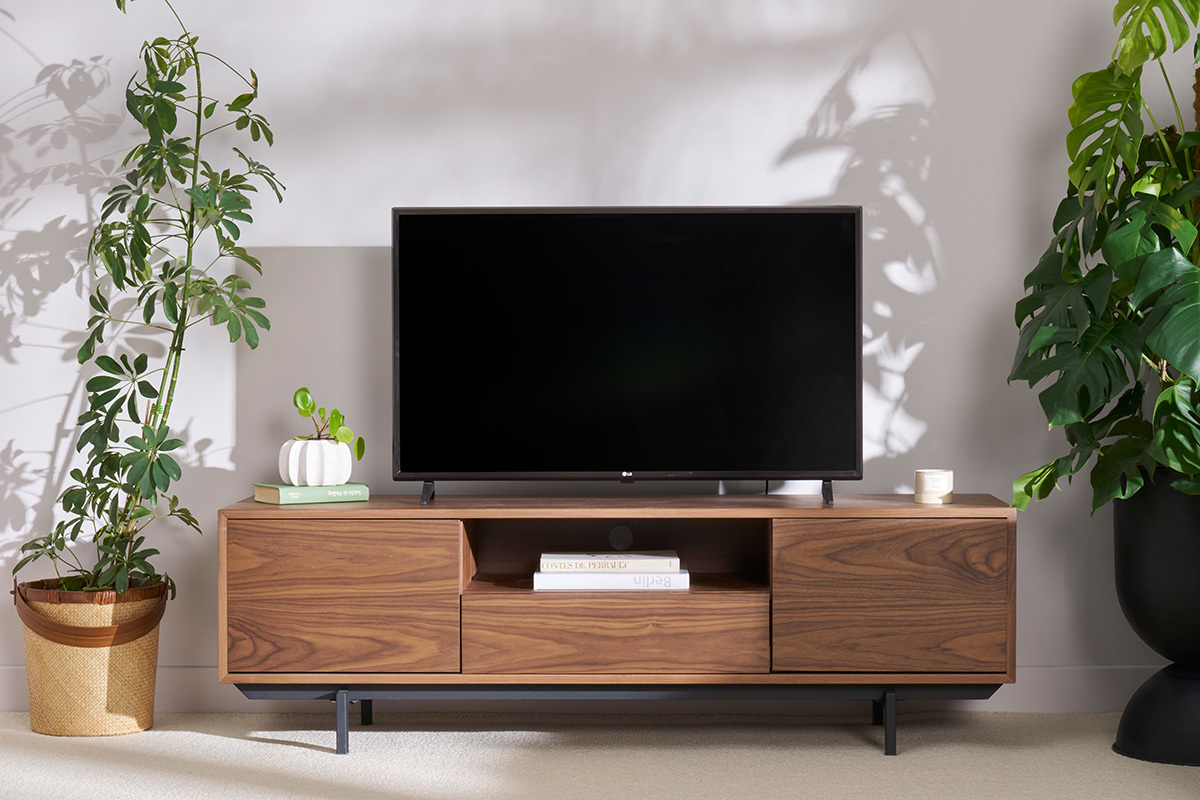 Meuble TV finition bois chne avec niche ouverte L160 cm MANNY