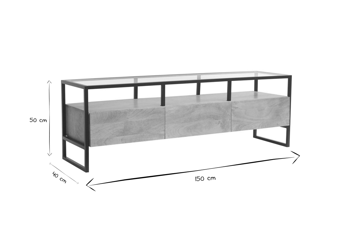 Meuble TV rectangulaire avec rangements en bois manguier massif, verre et mtal noir L150 cm DIYA