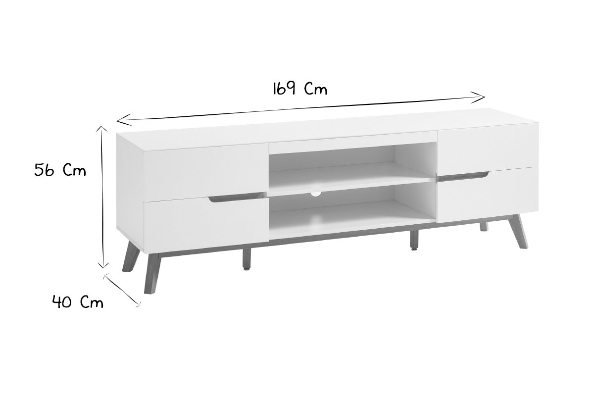 Meuble TV scandinave blanc mat et bois L169 cm SKIVE