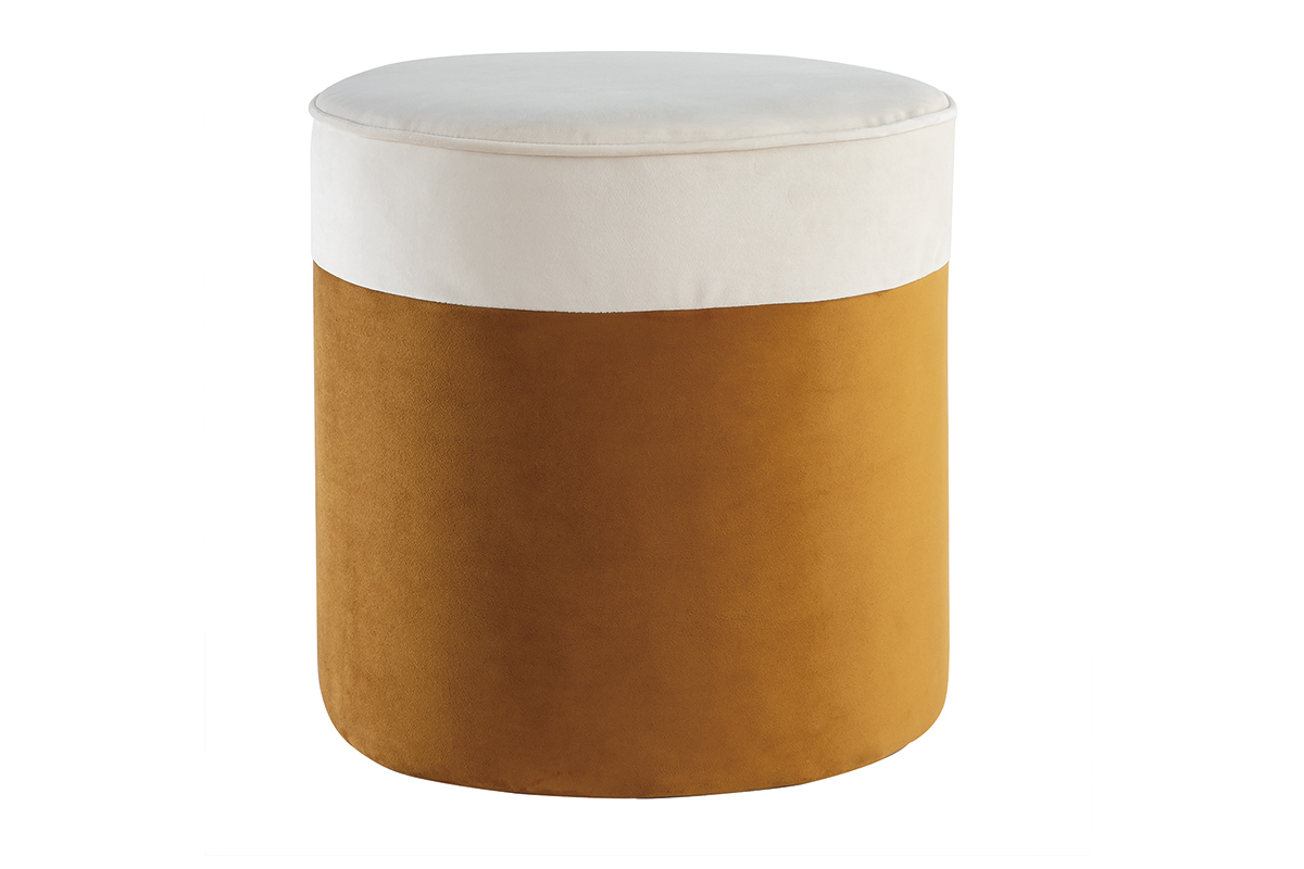 Pouf design bicolore en tissu velours blanc crme et jaune cumin D40 cm DAISY