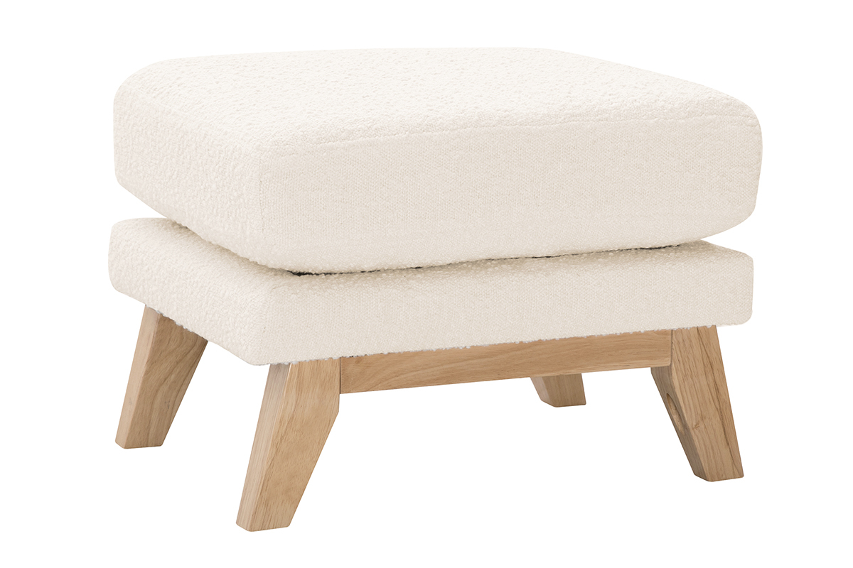 Pouf repose-pieds dhoussable scandinave en tissu effet laine boucle blanc cass et bois clair OSLO