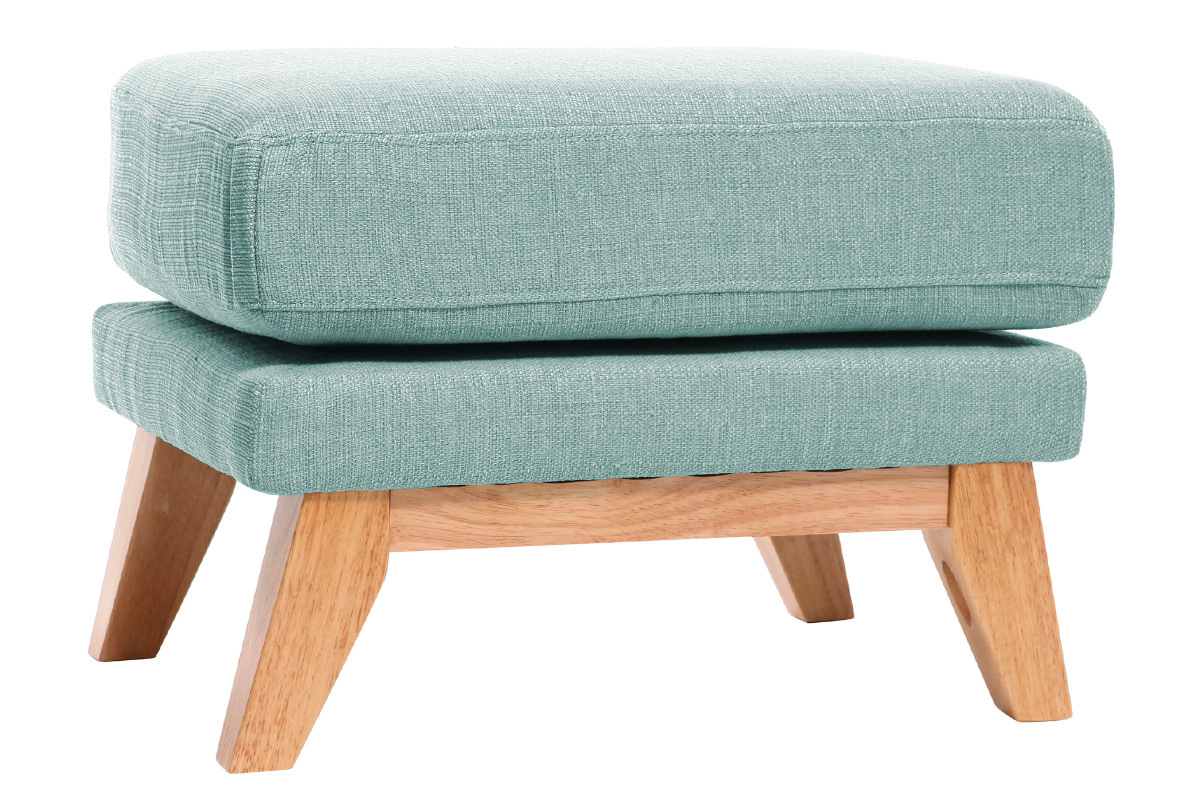 Pouf repose-pieds dhoussable scandinave en tissu vert lagon et bois clair OSLO