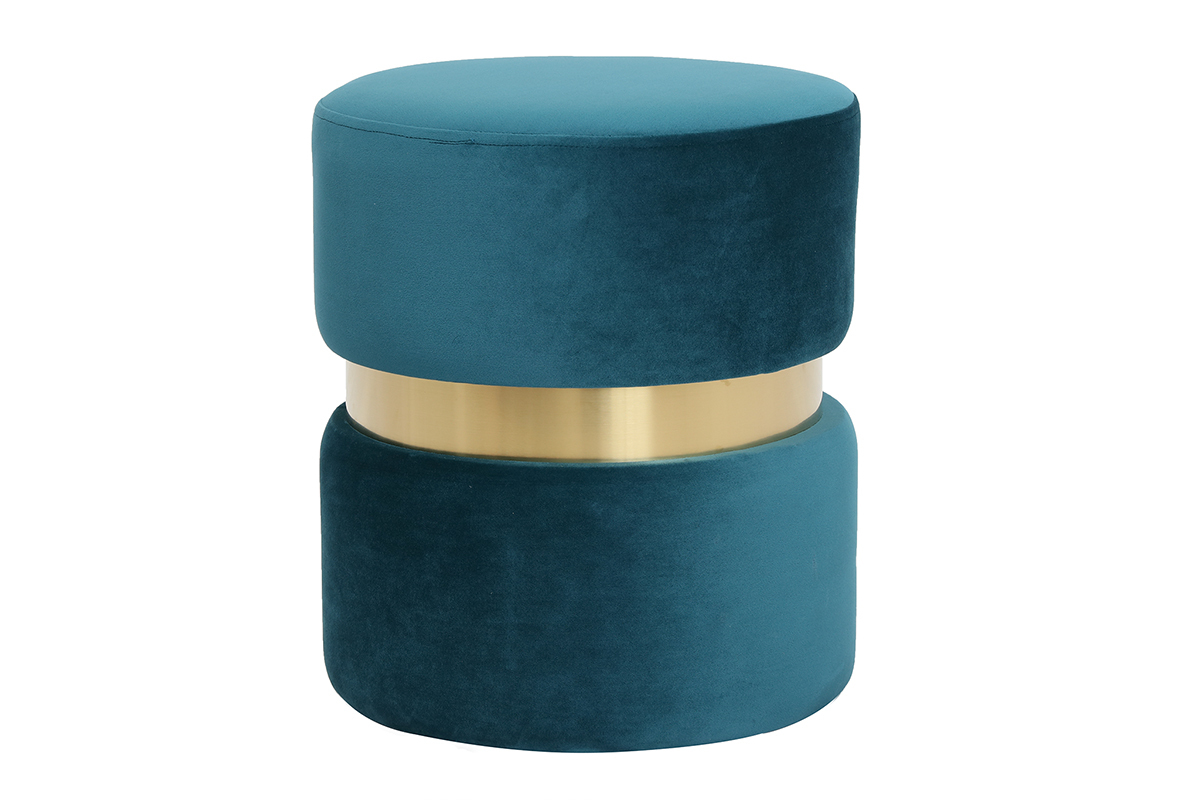 Pouf rond design en tissu velours bleu canard et mtal dor D35 cm JOY