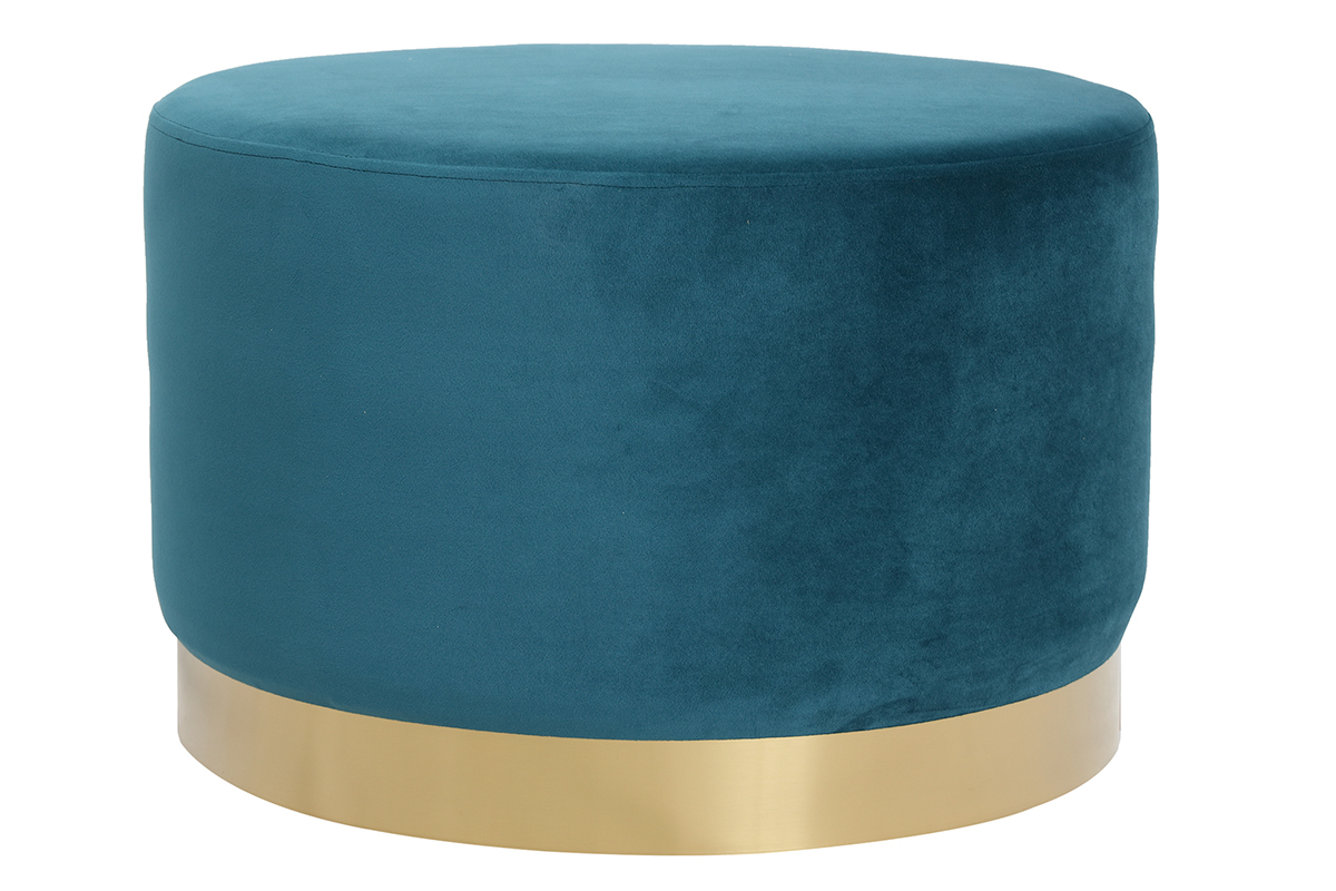 Pouf rond design en tissu velours bleu canard et mtal dor D54 cm AMAYA