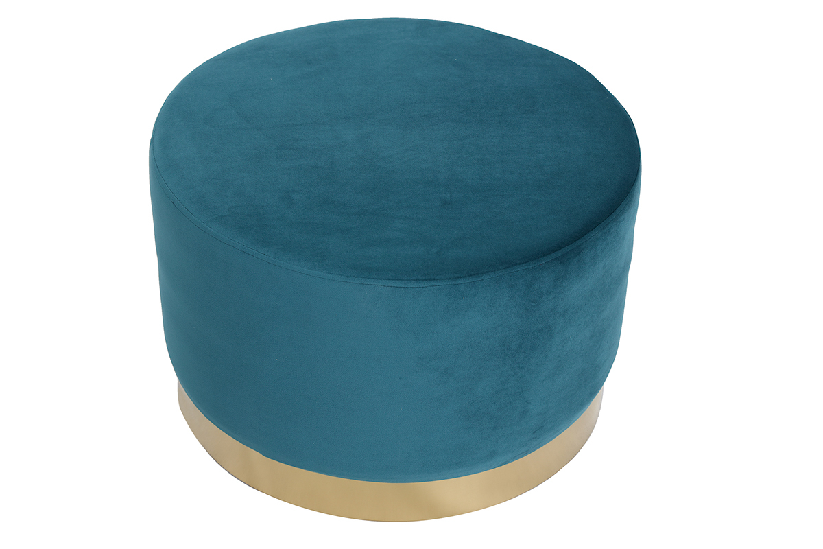 Pouf rond design en tissu velours bleu canard et mtal dor D54 cm AMAYA