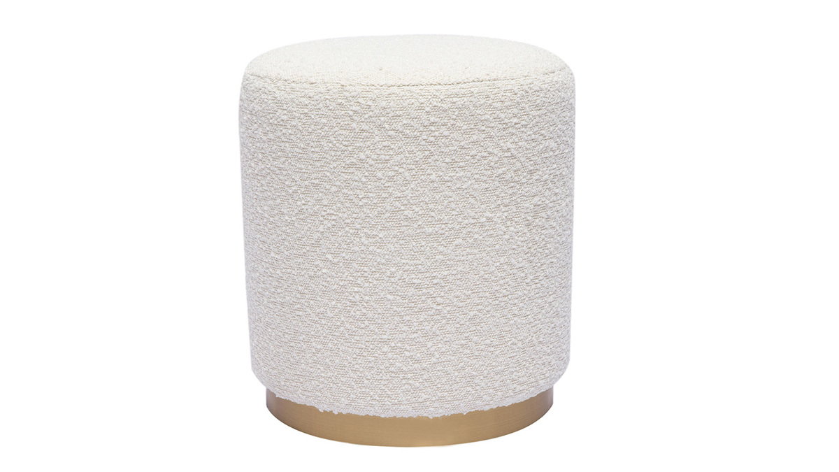 Pouf rond en tissu effet laine boucle blanc cass et mtal dor D40 cm AMAYA