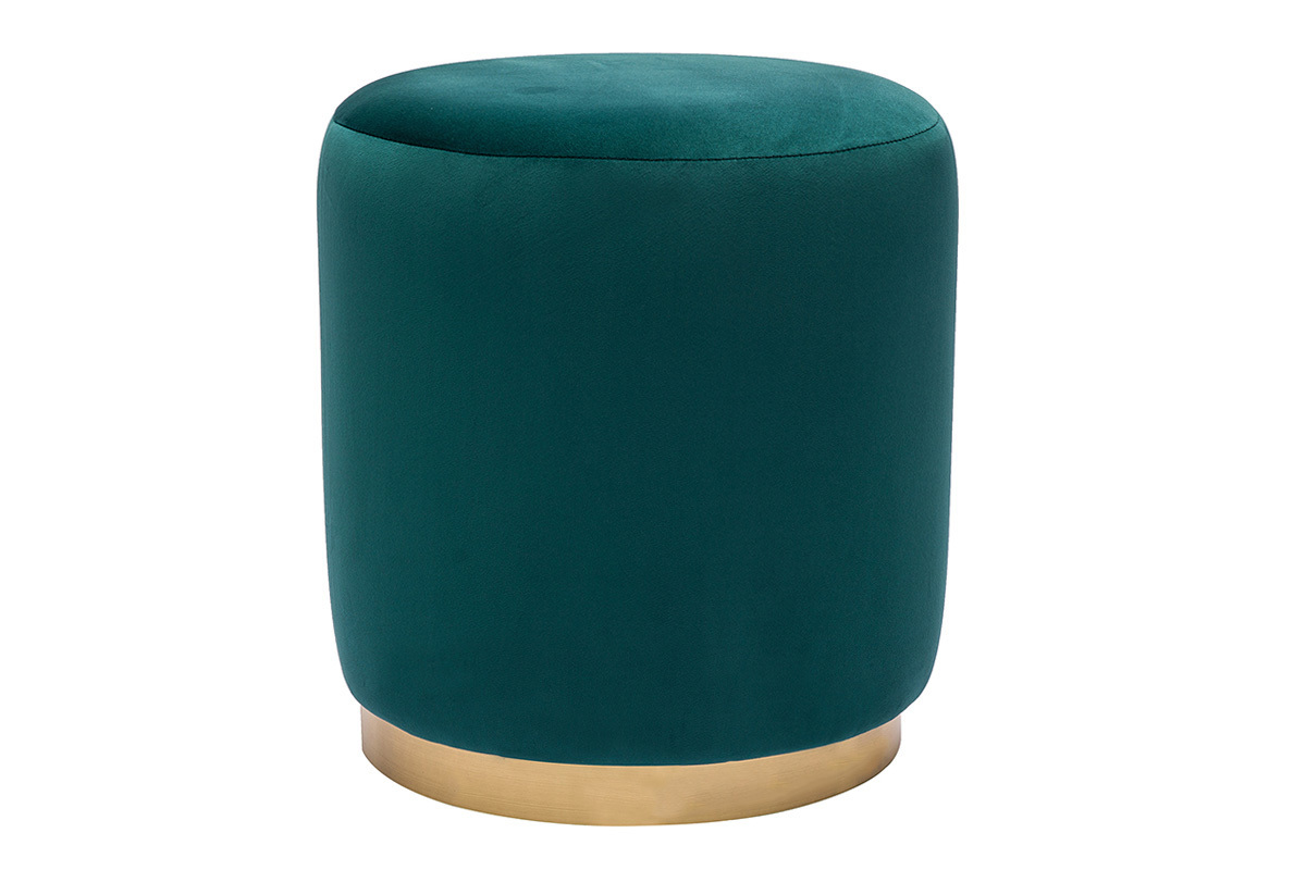 Pouf rond en velours bleu ptrole et mtal dor D40 cm AMAYA