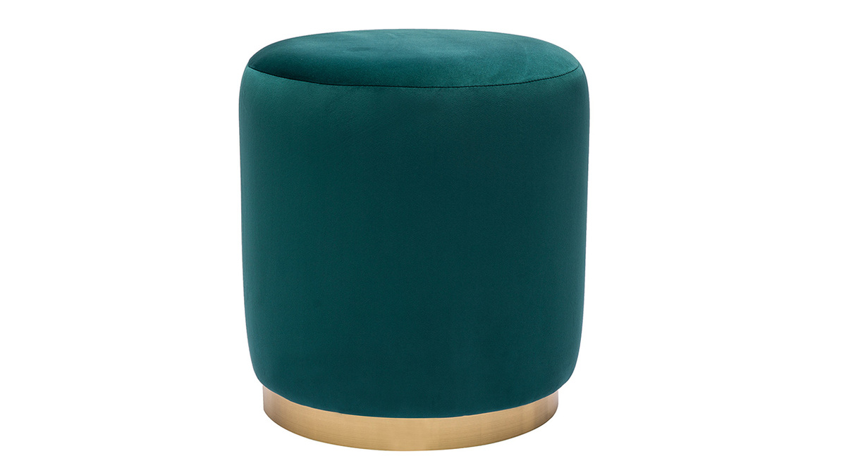 Pouf rond en velours bleu ptrole et mtal dor D40 cm AMAYA