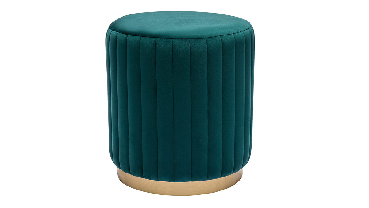 Pouf rond en velours bleu ptrole et mtal dor D40 cm DONA