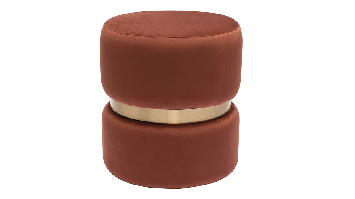 Pouf rond en velours bleu rouge tomette et mtal dor D40 cm JOY