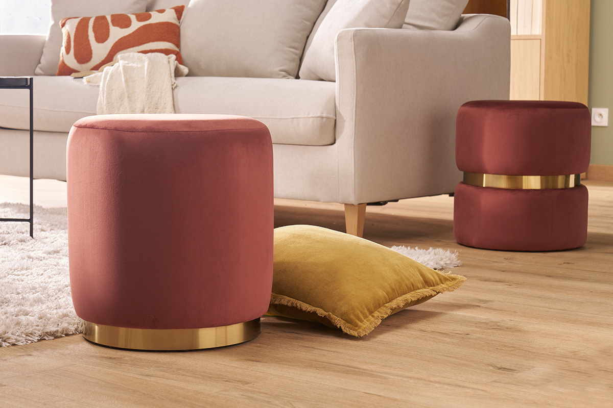 Pouf rond en velours rouge tomette et mtal dor D40 cm AMAYA