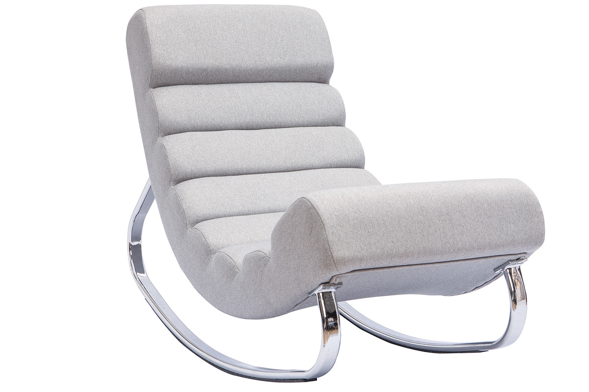 Rocking chair design en tissu gris clair et acier chrom TAYLOR