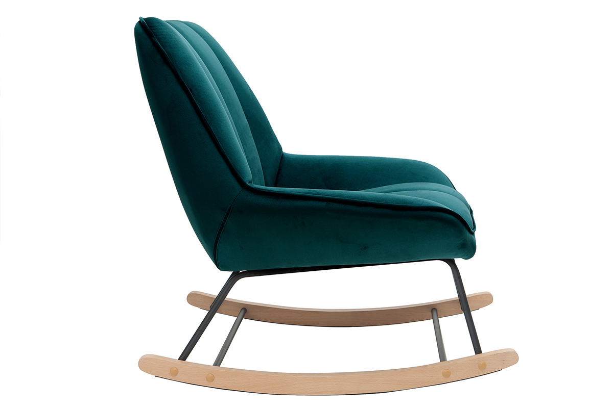 Rocking chair design en tissu velours bleu ptrole, mtal noir et bois clair BILLIE