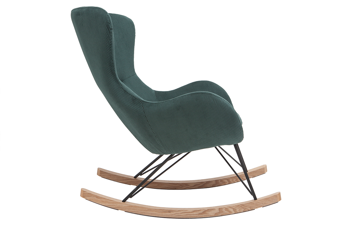 Rocking chair design en tissu velours ctel vert, mtal noir et bois clair ESKUA