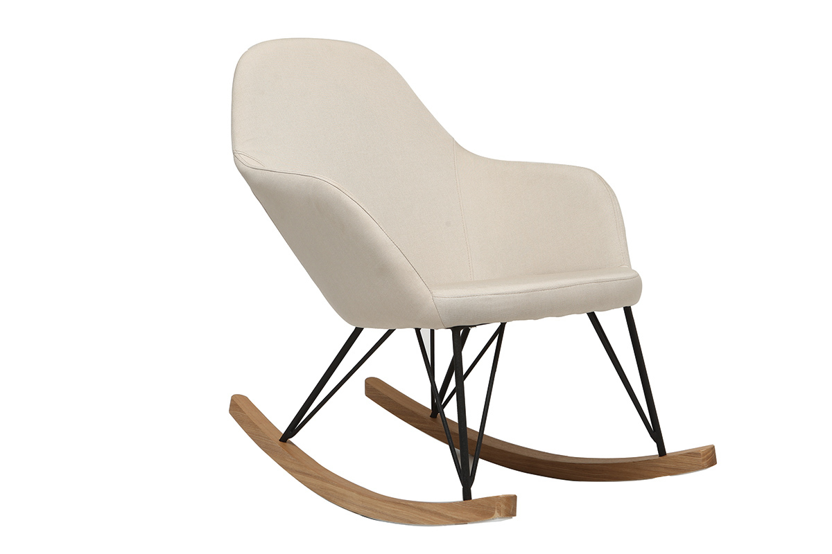 Rocking chair en tissu beige crme, bois clair et mtal noir JHENE