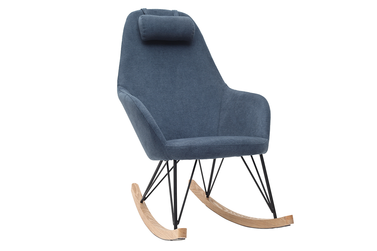 Rocking chair en tissu effet velours bleu, mtal noir et bois clair JHENE