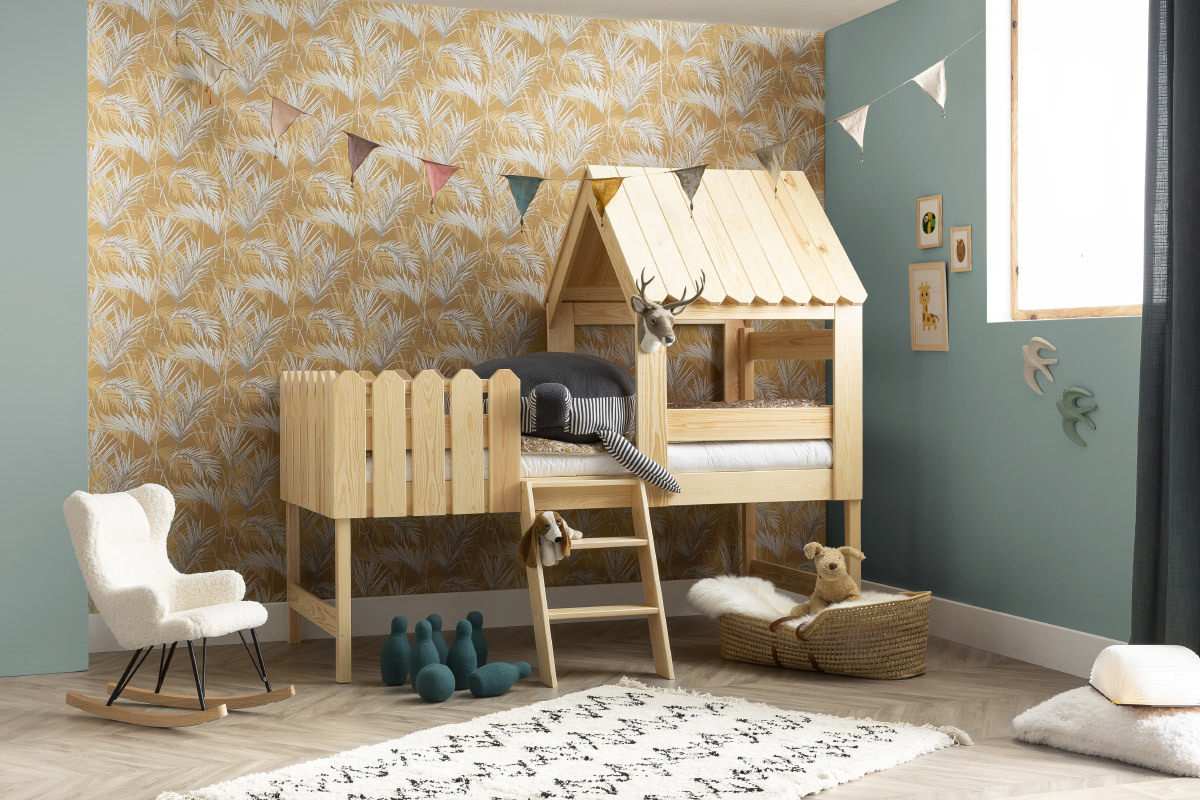 Rocking chair enfant en tissu effet peau de mouton blanc, mtal noir et bois clair SHAUN