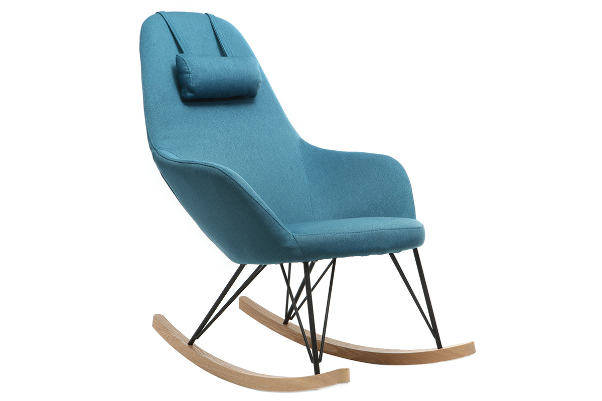 Rocking chair scandinave en tissu bleu canard, mtal noir et bois clair JHENE