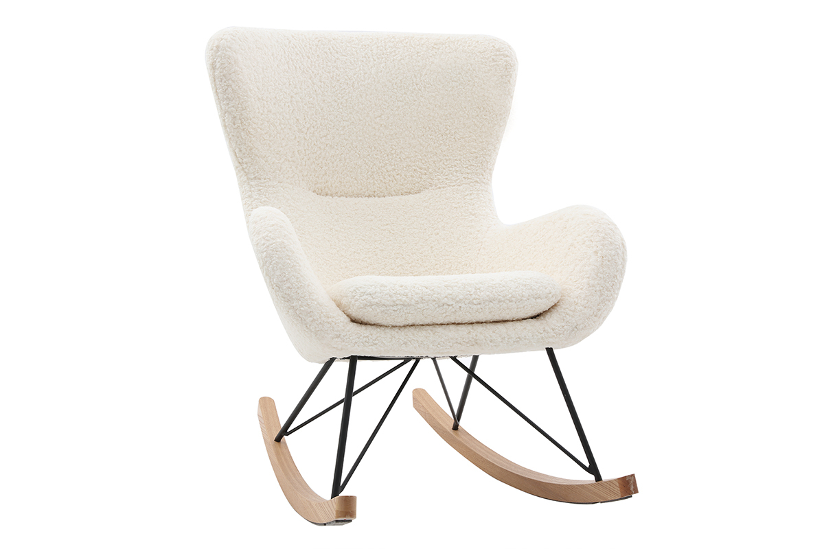 Rocking chair scandinave en tissu effet peau de mouton blanc, mtal noir et bois clair  ESKUA