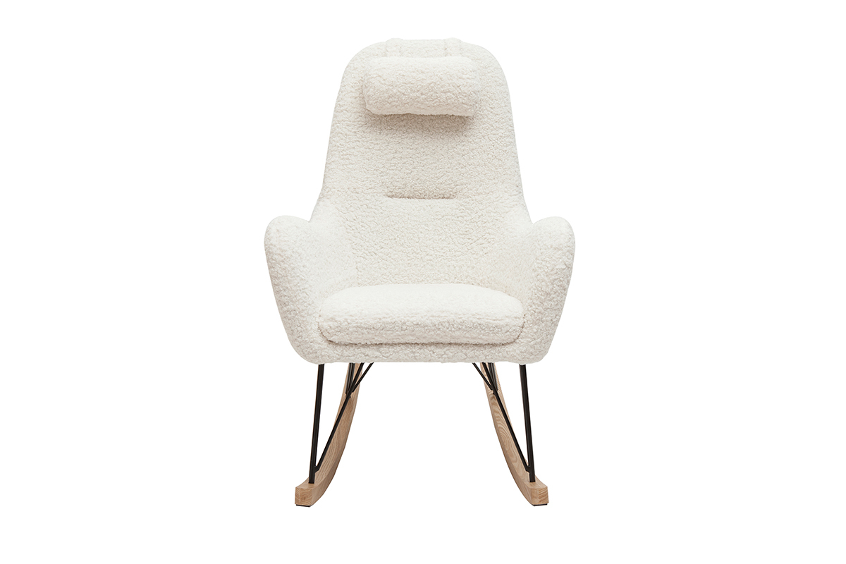 Rocking chair scandinave en tissu effet peau de mouton blanc, mtal noir et bois clair MANIA