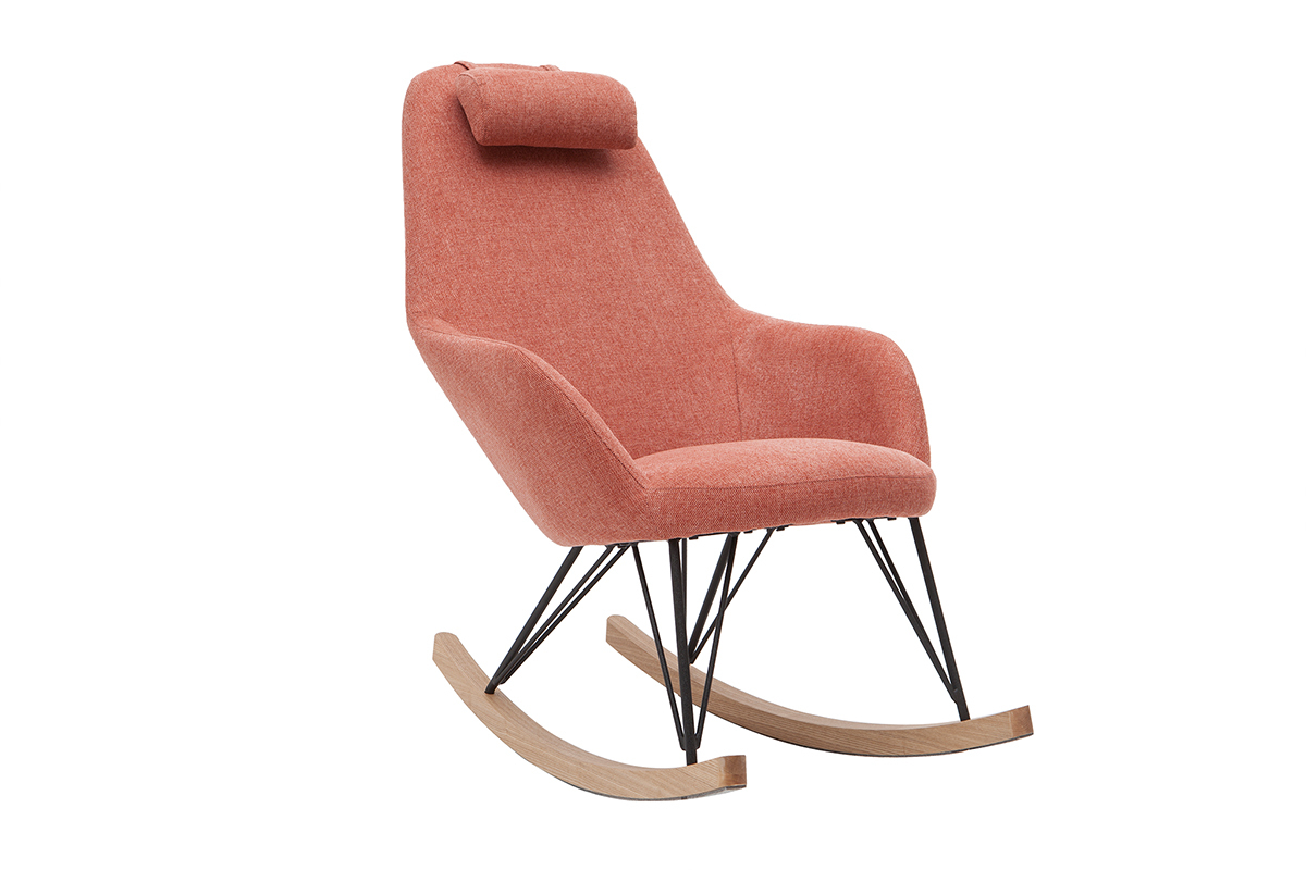 Rocking chair scandinave en tissu effet velours textur terracotta, mtal noir et bois clair JHENE