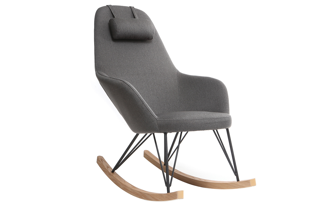 Rocking chair scandinave en tissu gris fonc, mtal noir et bois clair JHENE