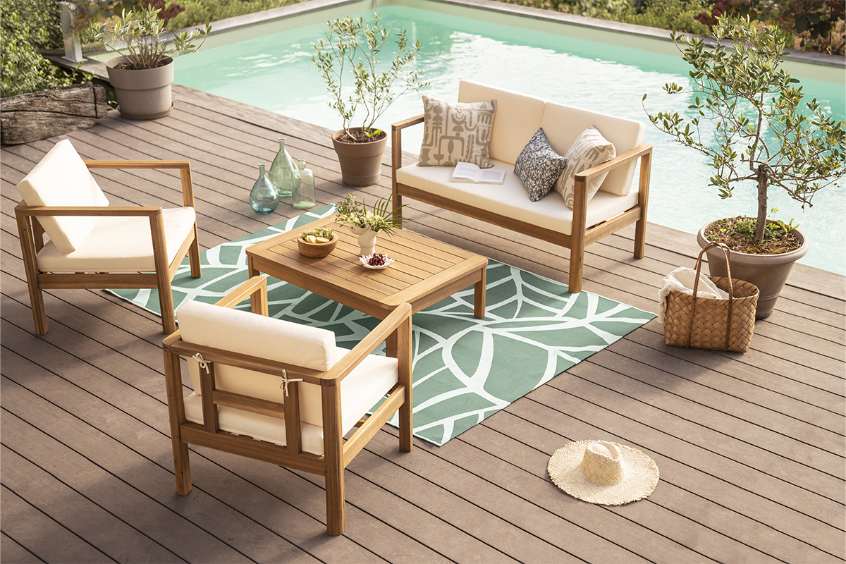 Salon de jardin 4 places en bois massif avec coussins dhoussables beige AKIS