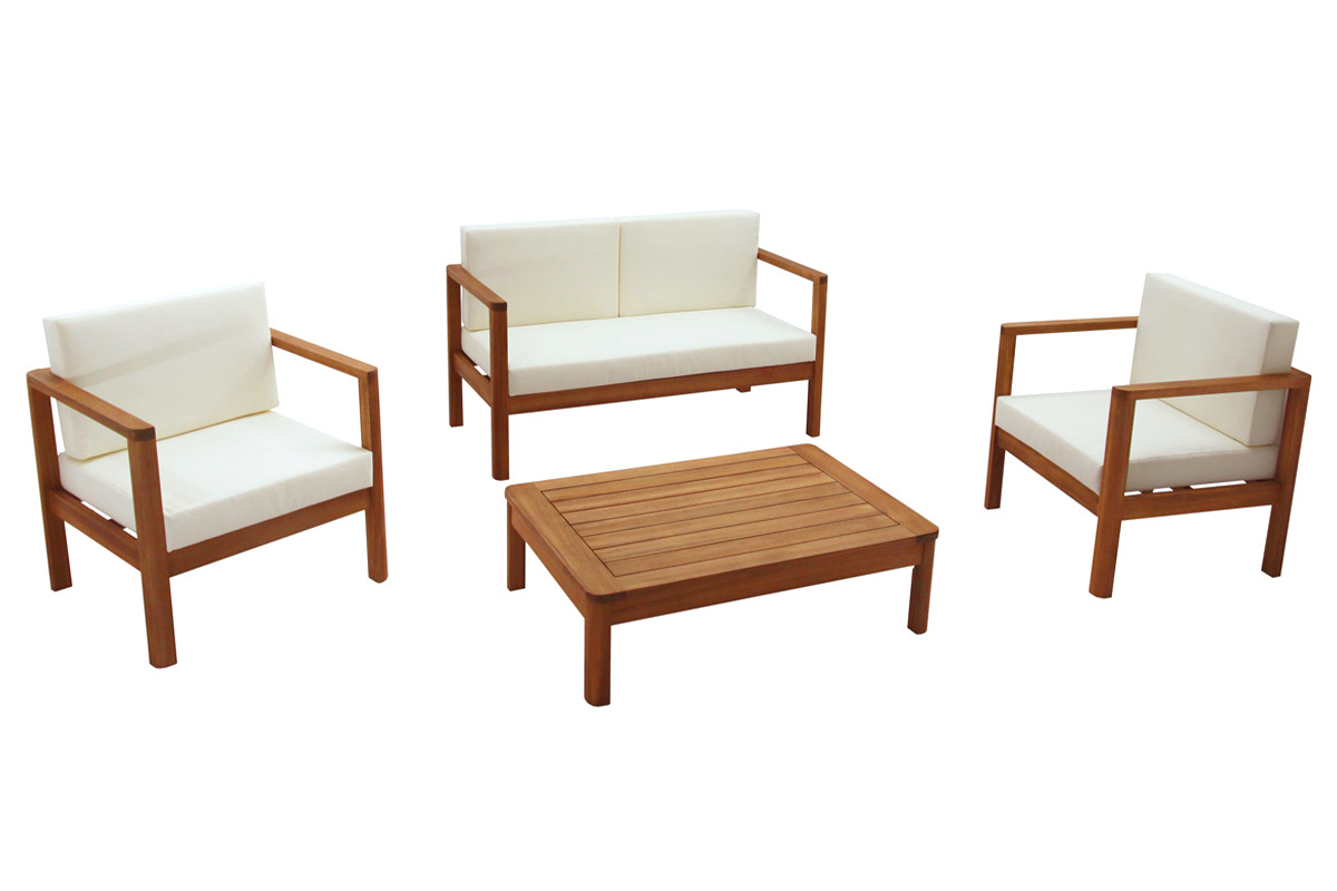 Salon de jardin 4 places en bois massif avec coussins dhoussables beige AKIS